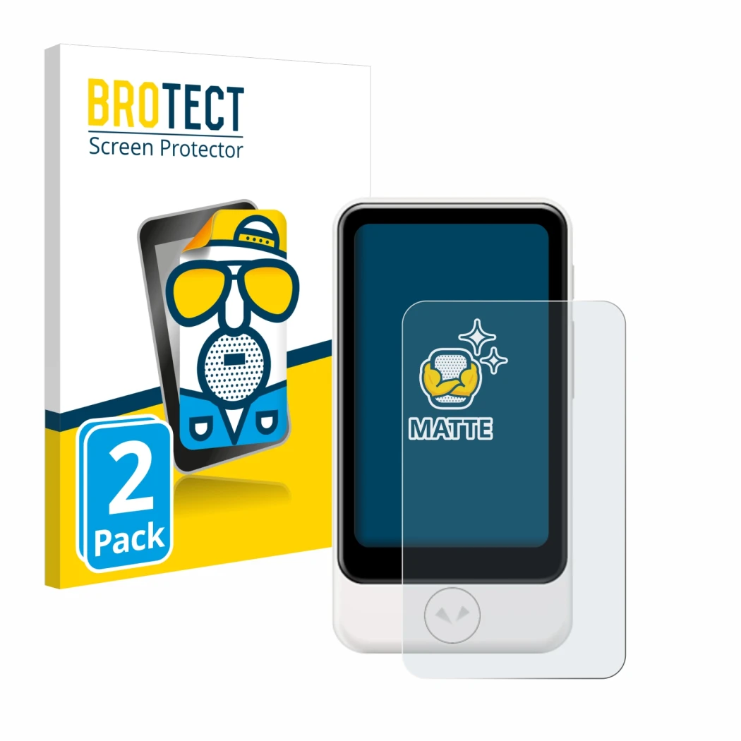 Front side of a product packaging with the brand logo BROTECT. Next to it is the device Pocketalk Plus shown with the correspo