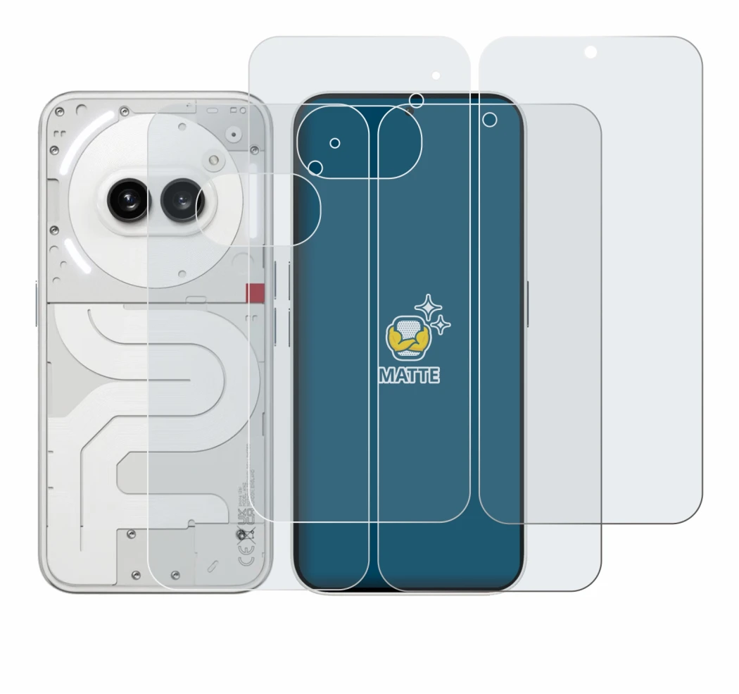 Image of the device Nothing Phone (2a) (Front+Back) with a wide variety of screen protectors.