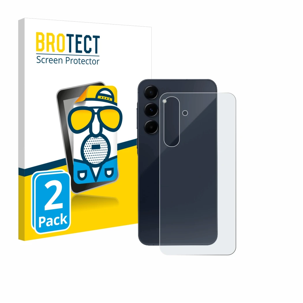 Front side of a product packaging with the brand logo BROTECT. Next to it is the device Samsung Galaxy A55 5G (Back) shown wit