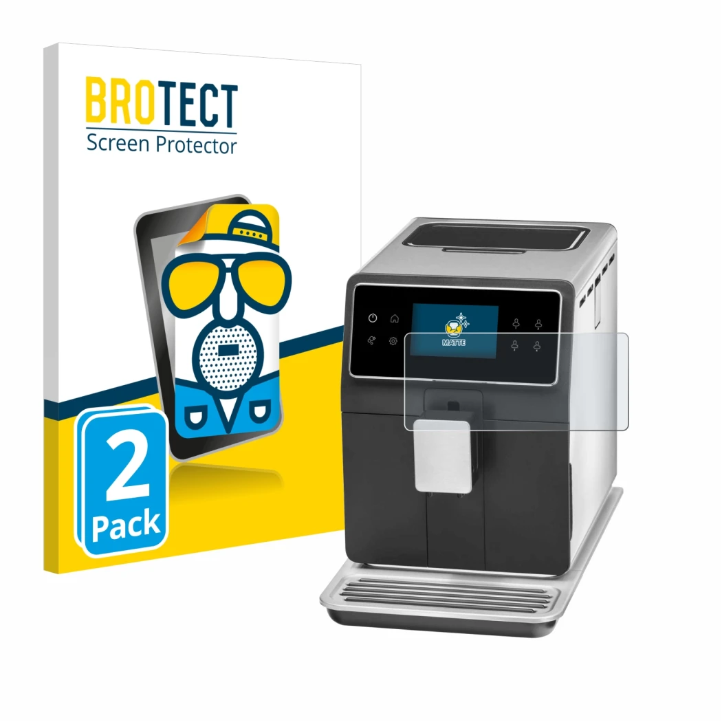 Front side of a product packaging with the brand logo BROTECT. Next to it is the device WMF Perfection 840L shown with the cor