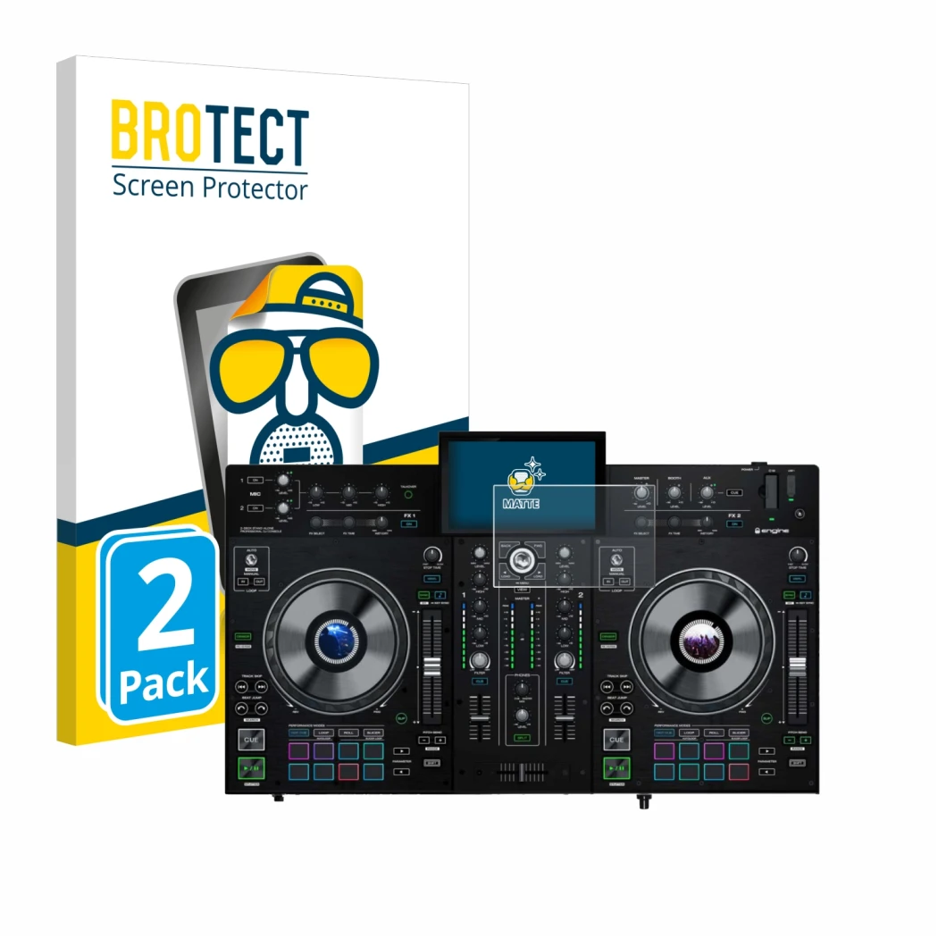 Front side of a product packaging with the brand logo BROTECT. Next to it is the device Denon DJ Prime 2 shown with the corres