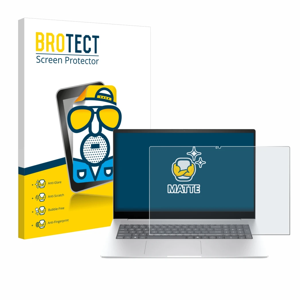 Front side of a product packaging with the brand logo BROTECT. Next to it is the device HP Envy 17 2024 shown with the corresp