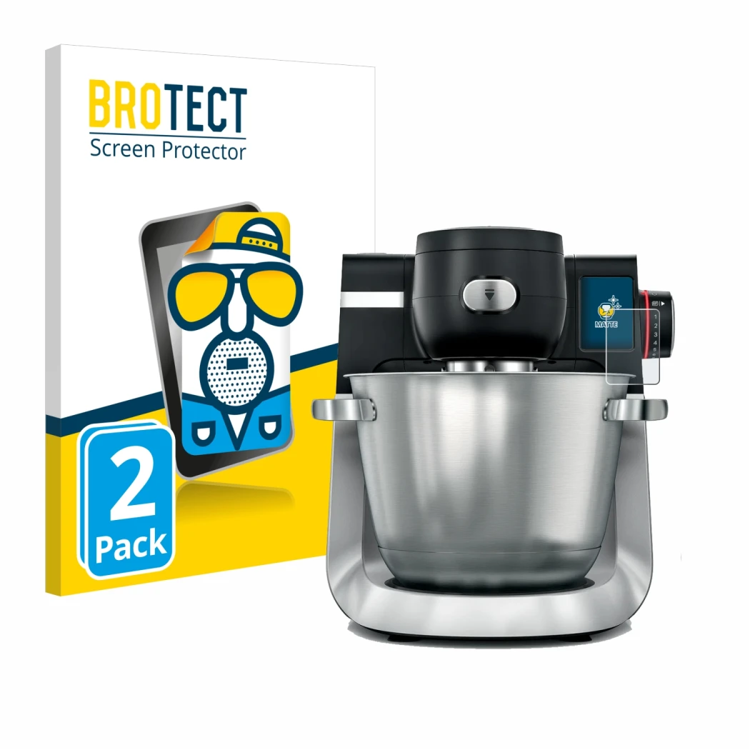 Front side of a product packaging with the brand logo BROTECT. Next to it is the device Bosch MUM Serie 6 shown with the corre