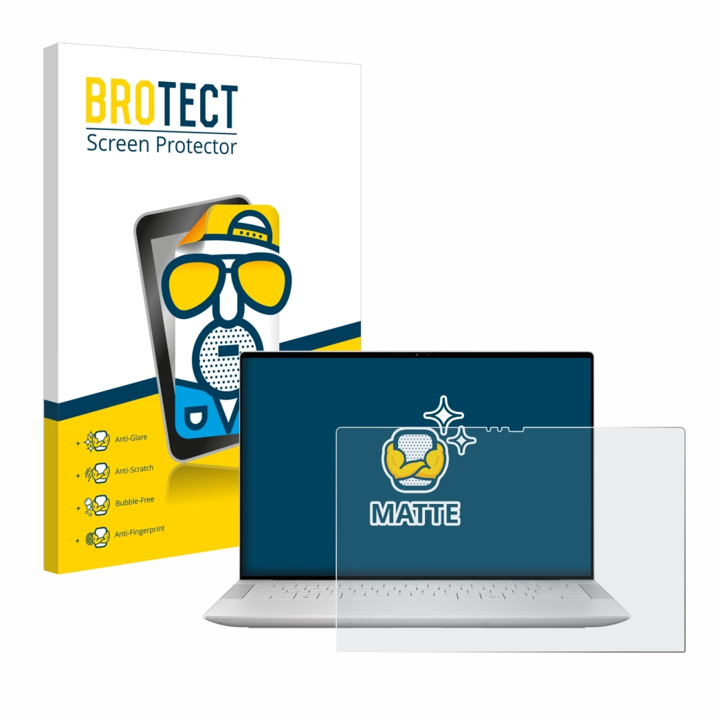 Front side of a product packaging with the brand logo BROTECT. Next to it is the device Dell XPS 14 9440 Touch shown with the