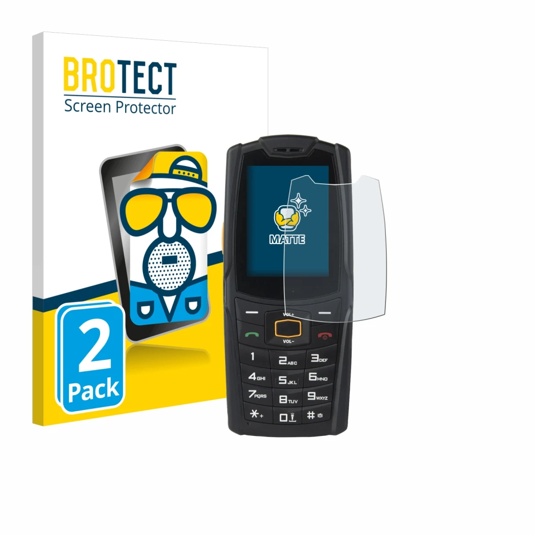 Front side of a product packaging with the brand logo BROTECT. Next to it is the device AGM M6 shown with the corresponding sc