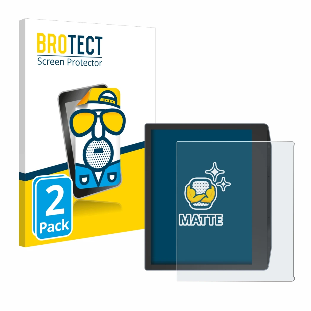 Front side of a product packaging with the brand logo BROTECT. Next to it is the device PocketBook Era Color shown with the co