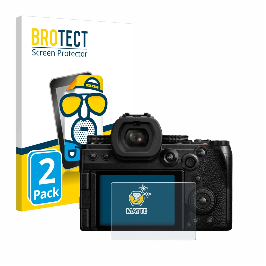 Front side of a product packaging with the brand logo BROTECT. Next to it is the device Panasonic Lumix DC-S5II shown with the