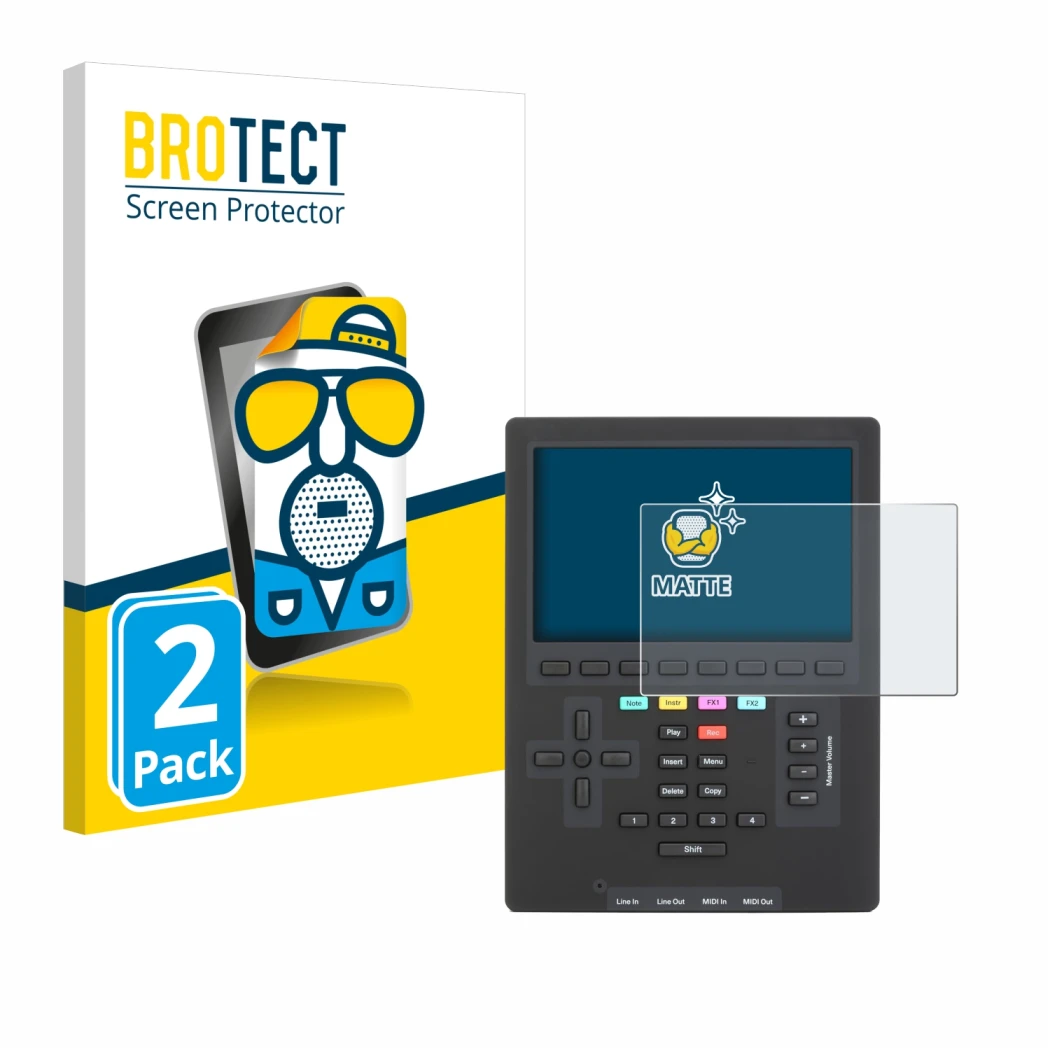 Front side of a product packaging with the brand logo BROTECT. Next to it is the device Polyend Tracker Mini shown with the co
