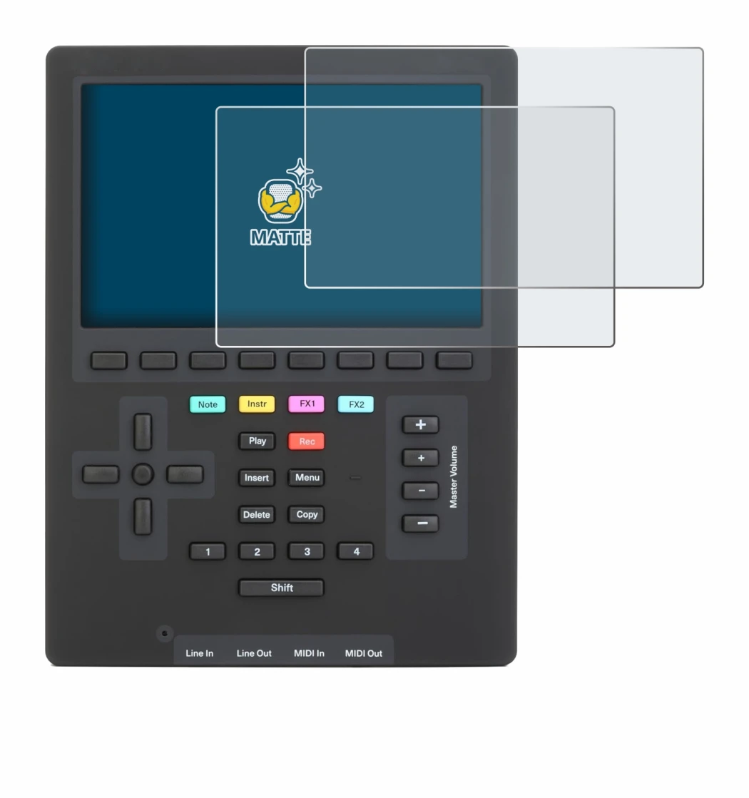 Image of the device Polyend Tracker Mini with a wide variety of screen protectors.