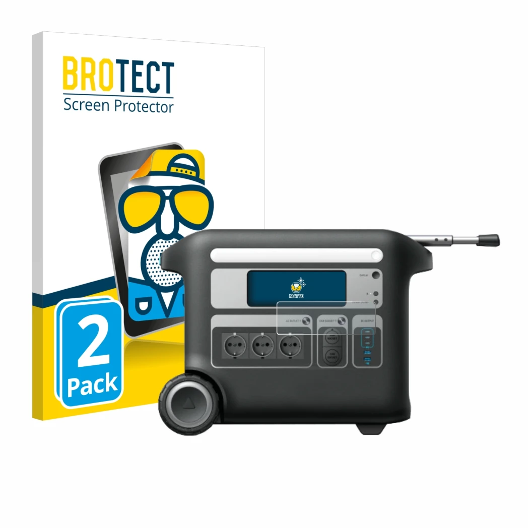 Front side of a product packaging with the brand logo BROTECT. Next to it is the device Anker SOLIX F2000 shown with the corre
