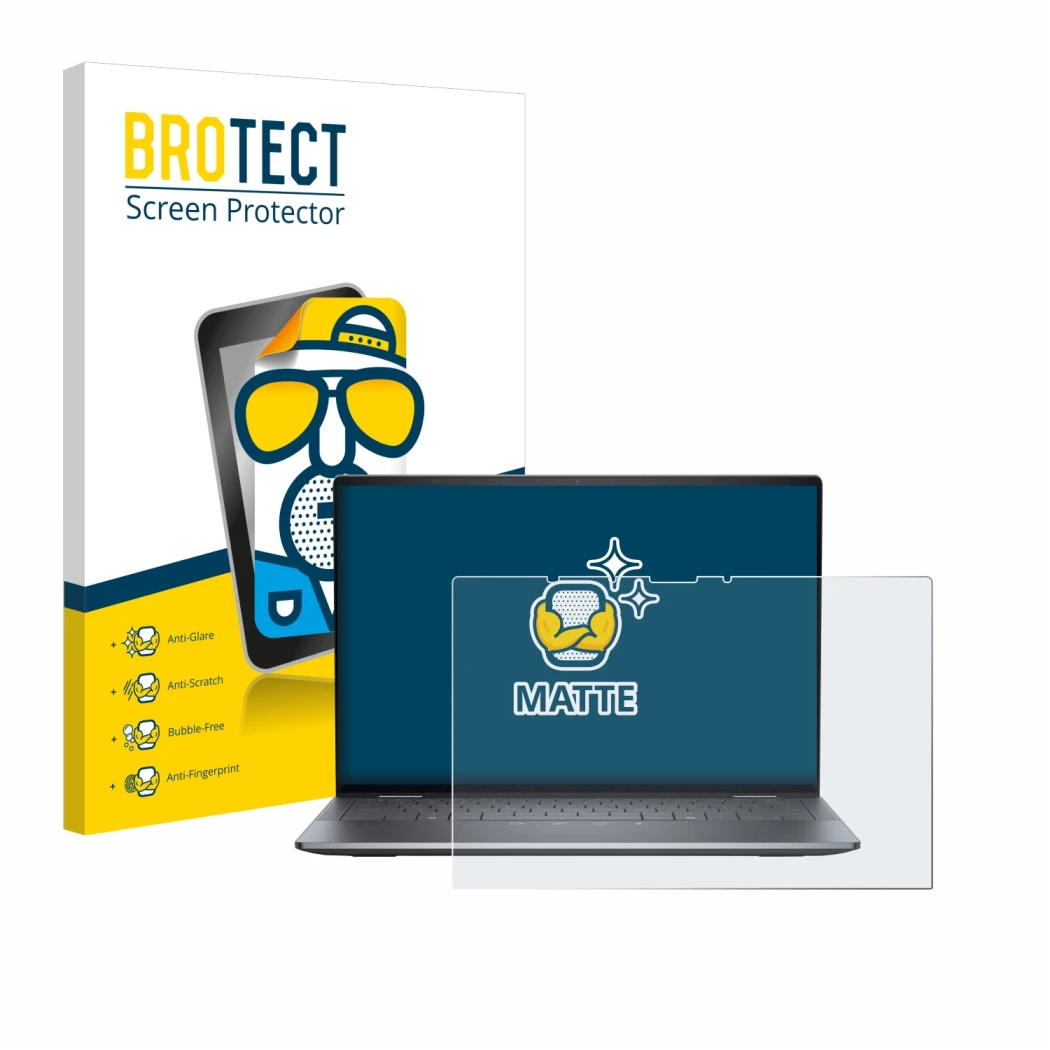 Front side of a product packaging with the brand logo BROTECT. Next to it is the device Dell Latitude 9450 2-in-1 shown with t