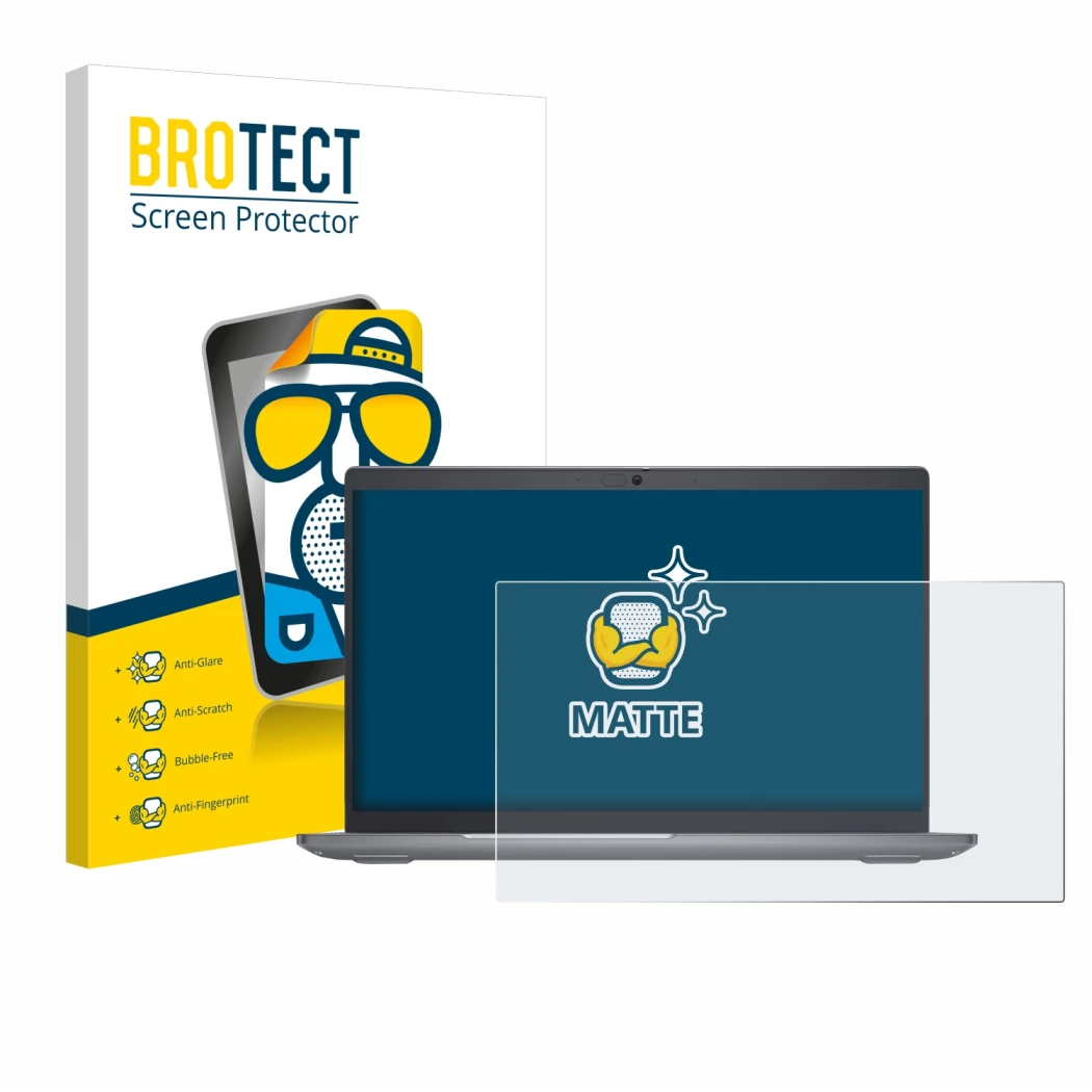 Front side of a product packaging with the brand logo BROTECT. Next to it is the device Dell Latitude 5550 Laptop shown with t