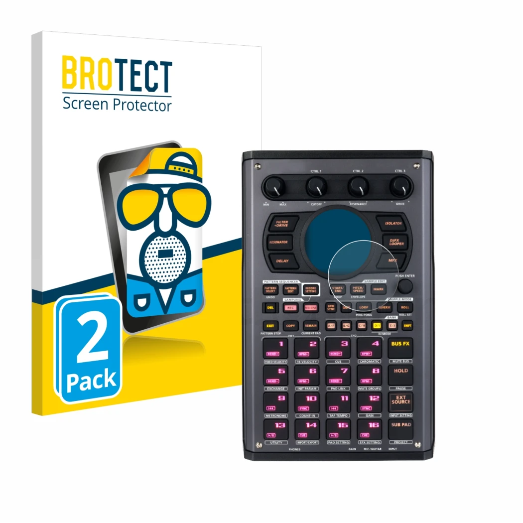 Front side of a product packaging with the brand logo BROTECT. Next to it is the device Roland SP-404MKII shown with the corre