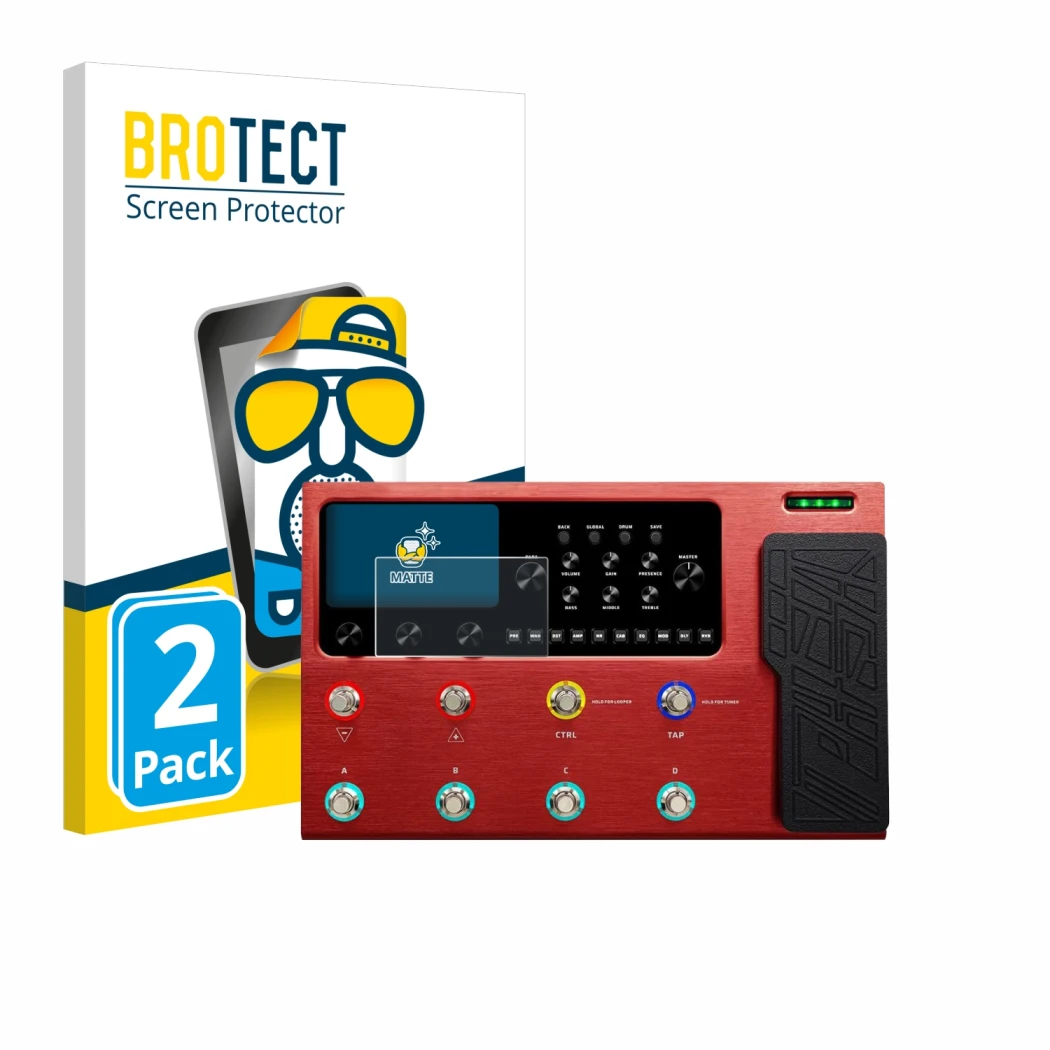 Front side of a product packaging with the brand logo BROTECT. Next to it is the device Valeton GP-200R shown with the corresp