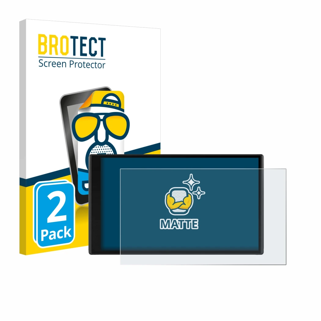 Front side of a product packaging with the brand logo BROTECT. Next to it is the device Garmin CamperVan shown with the corres