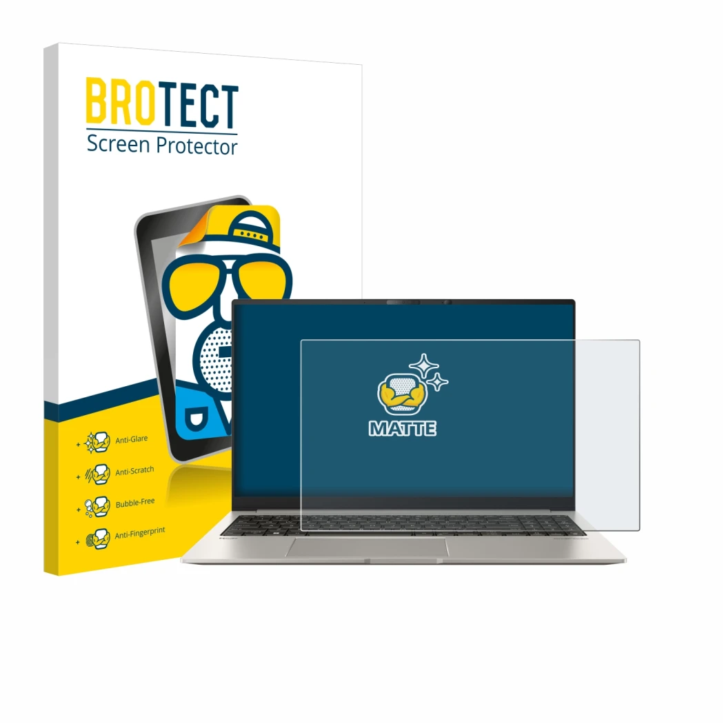 Front side of a product packaging with the brand logo BROTECT. Next to it is the device ASUS ZenBook 15 OLED UM3504 shown with