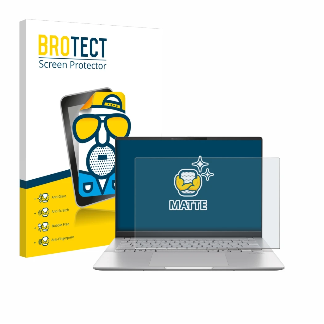 Front side of a product packaging with the brand logo BROTECT. Next to it is the device ASUS Vivobook S 14 OLED M5406 shown wi