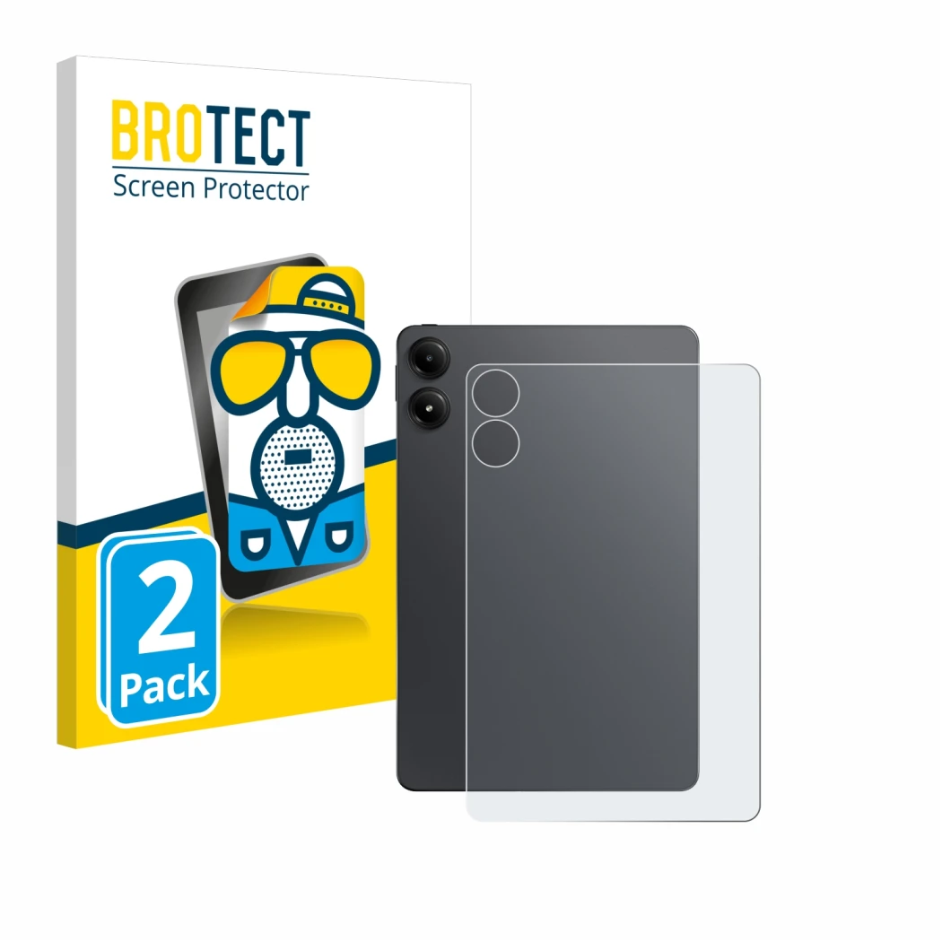 Front side of a product packaging with the brand logo BROTECT. Next to it is the device Xiaomi Redmi Pad Pro (Back) shown with