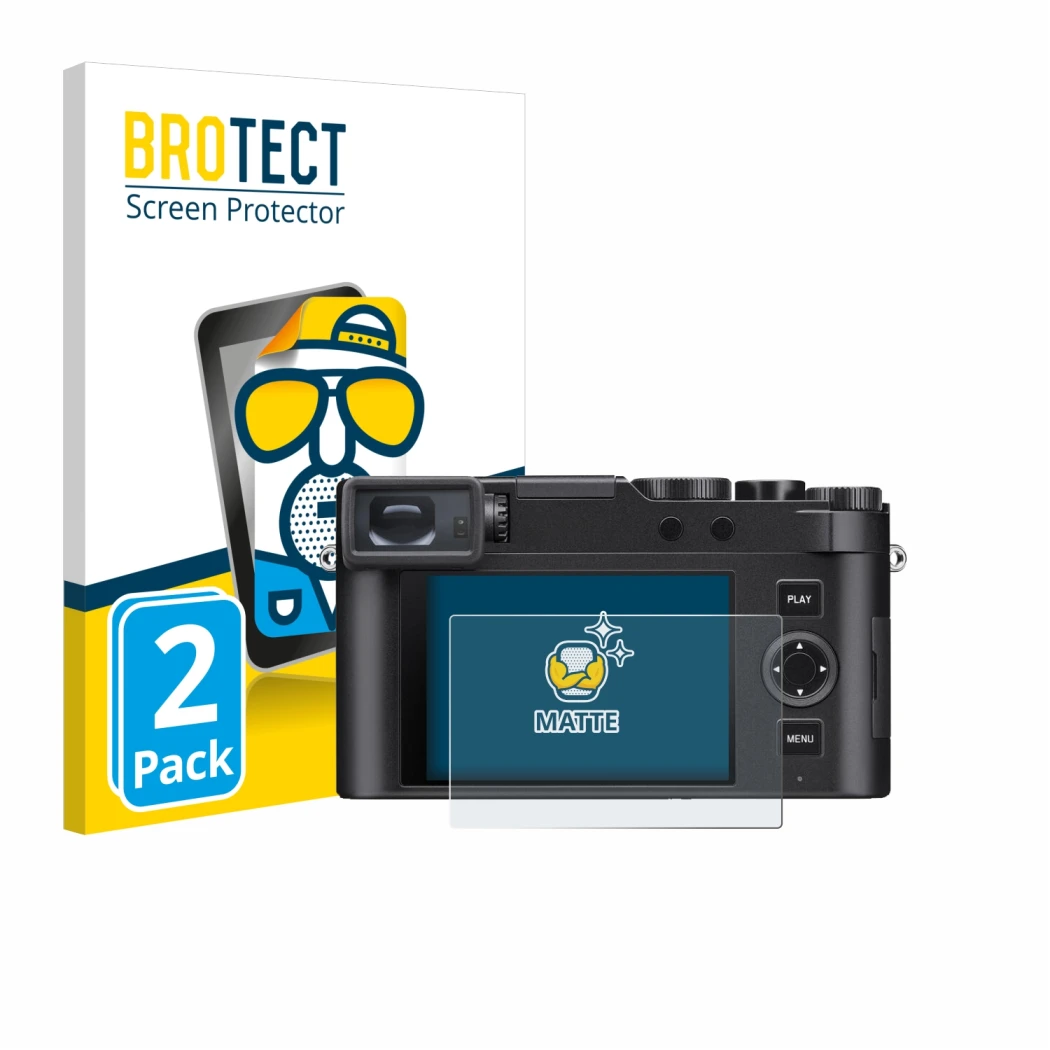 Front side of a product packaging with the brand logo BROTECT. Next to it is the device Leica D-Lux 8 shown with the correspon