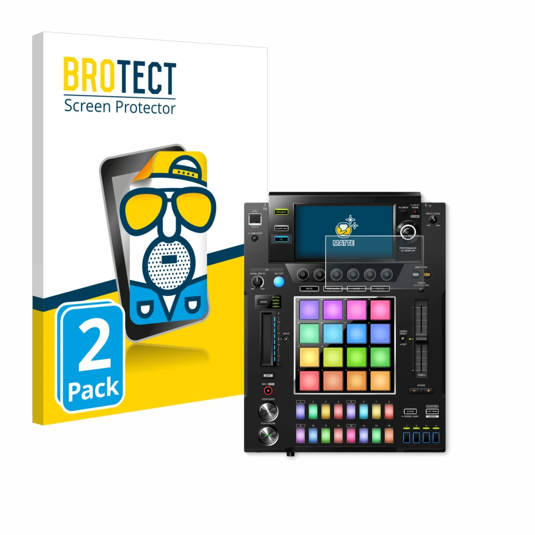 Front side of a product packaging with the brand logo BROTECT. Next to it is the device Pioneer DJS -1000 shown with the corre