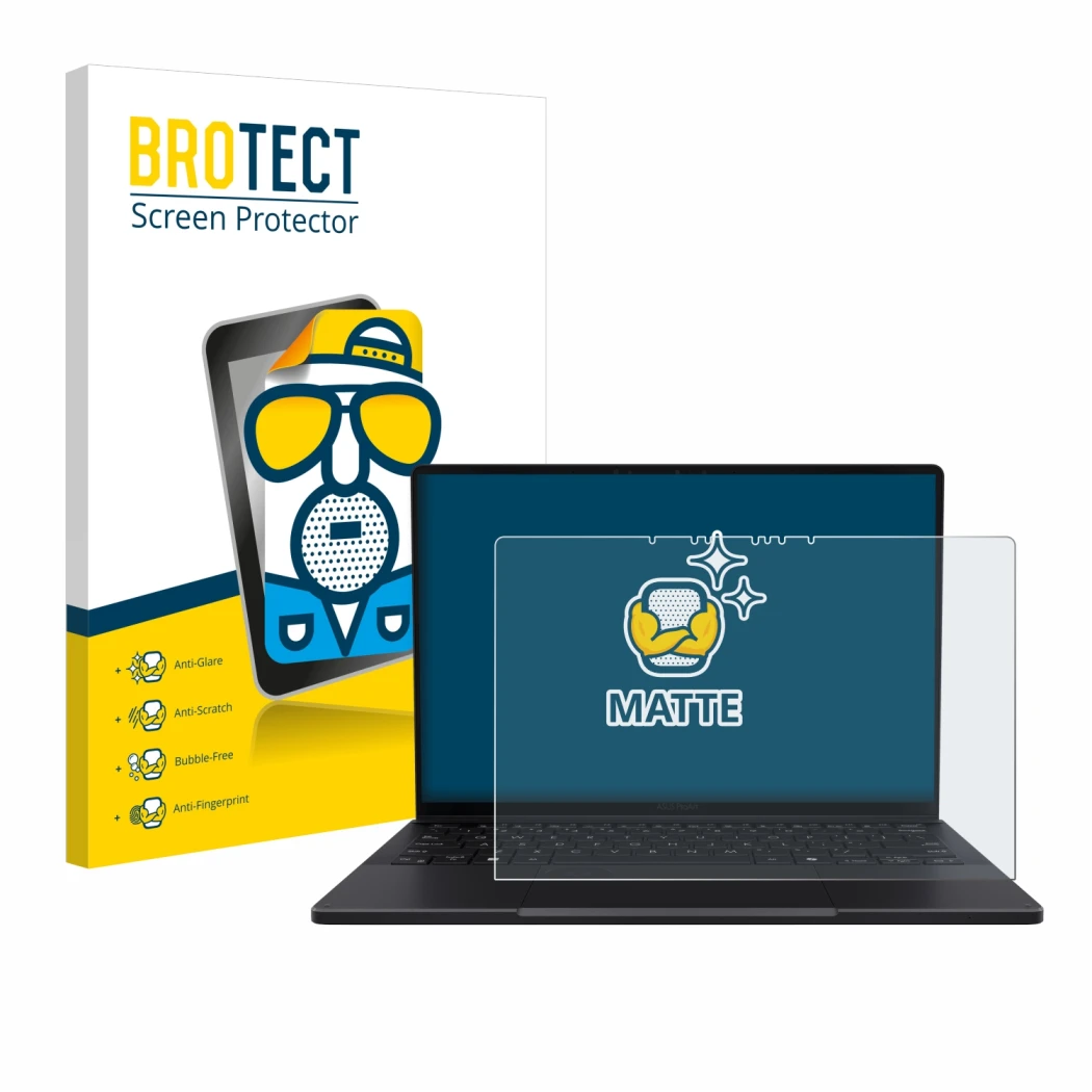 Front side of a product packaging with the brand logo BROTECT. Next to it is the device ASUS ProArt PX13 shown with the corres