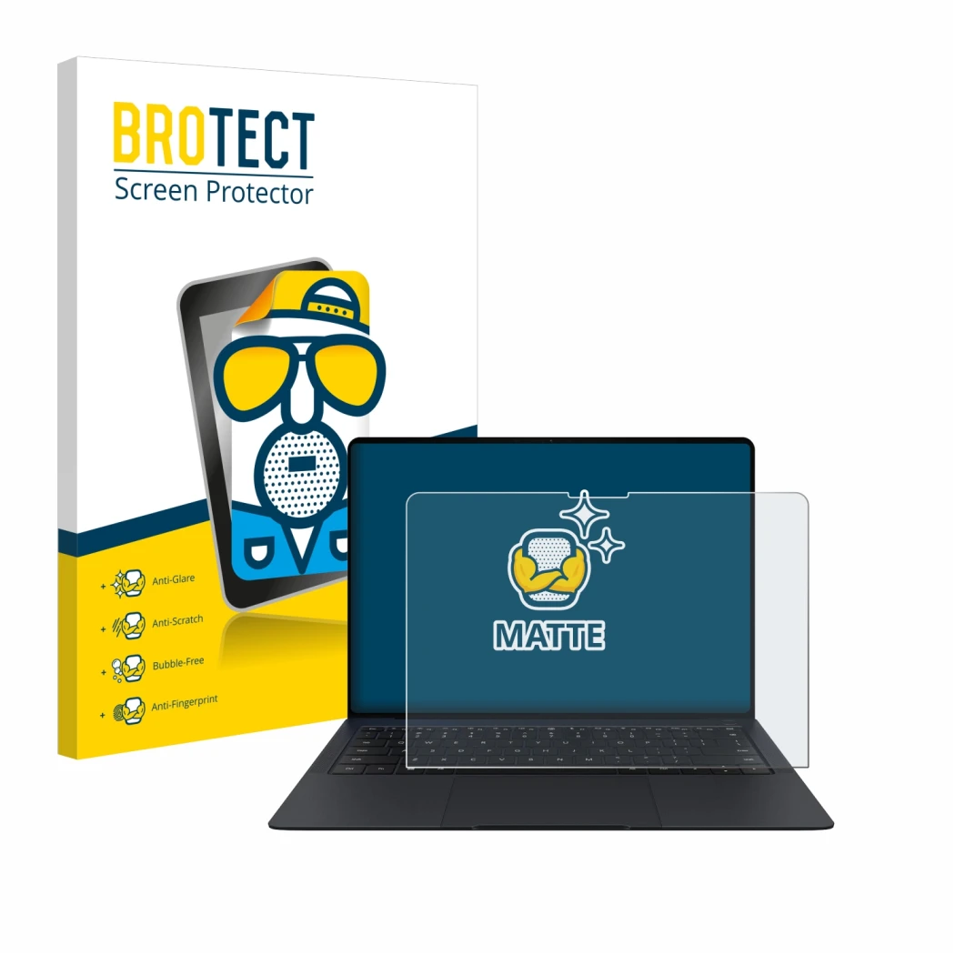 Front side of a product packaging with the brand logo BROTECT. Next to it is the device Huawei MateBook X Pro 2024 shown with