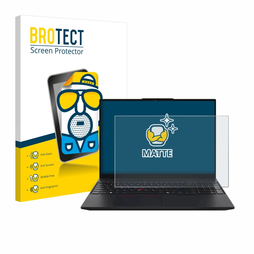 Front side of a product packaging with the brand logo BROTECT. Next to it is the device Lenovo ThinkPad L16 Gen 1 shown with t