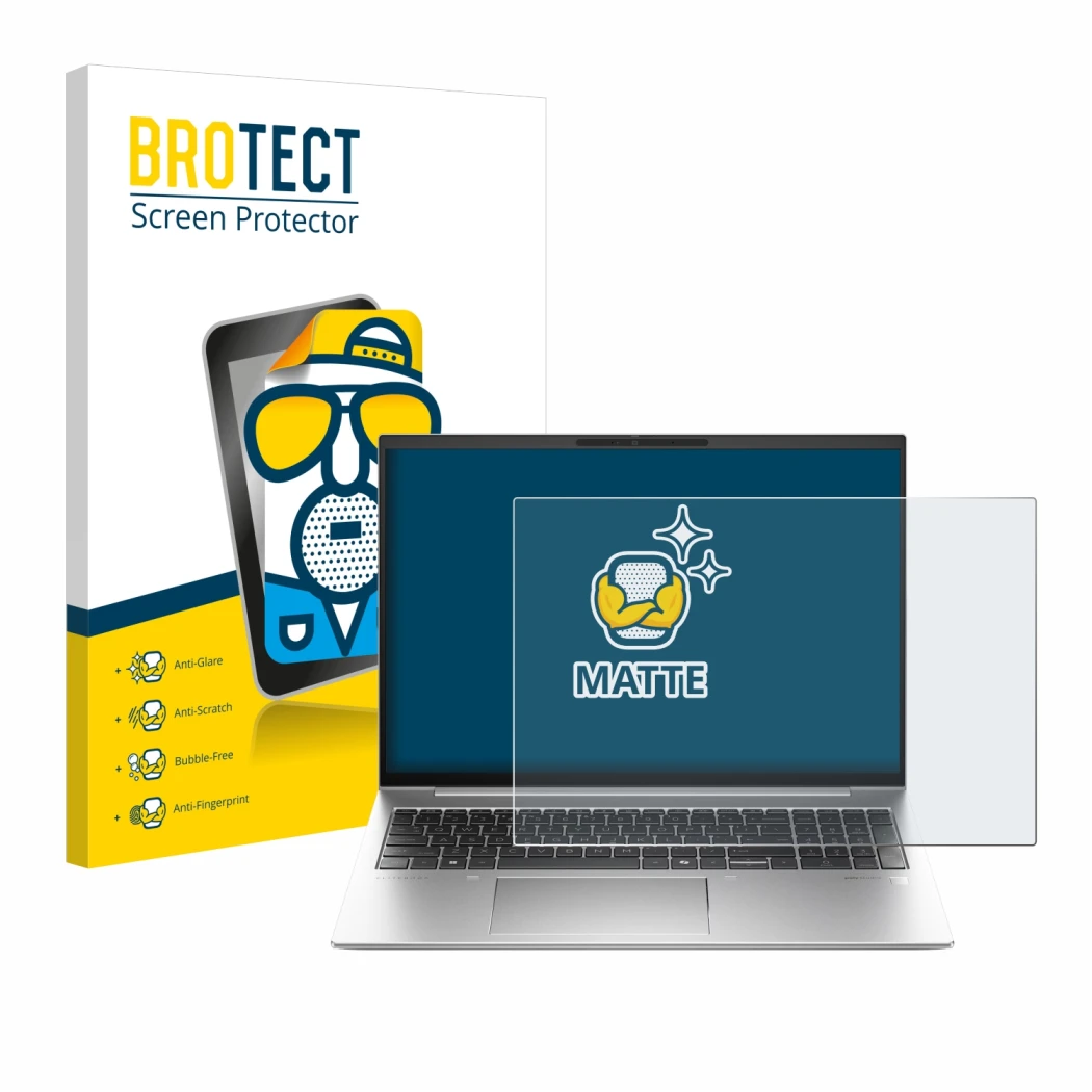 Front side of a product packaging with the brand logo BROTECT. Next to it is the device HP EliteBook 845 G11 shown with the co