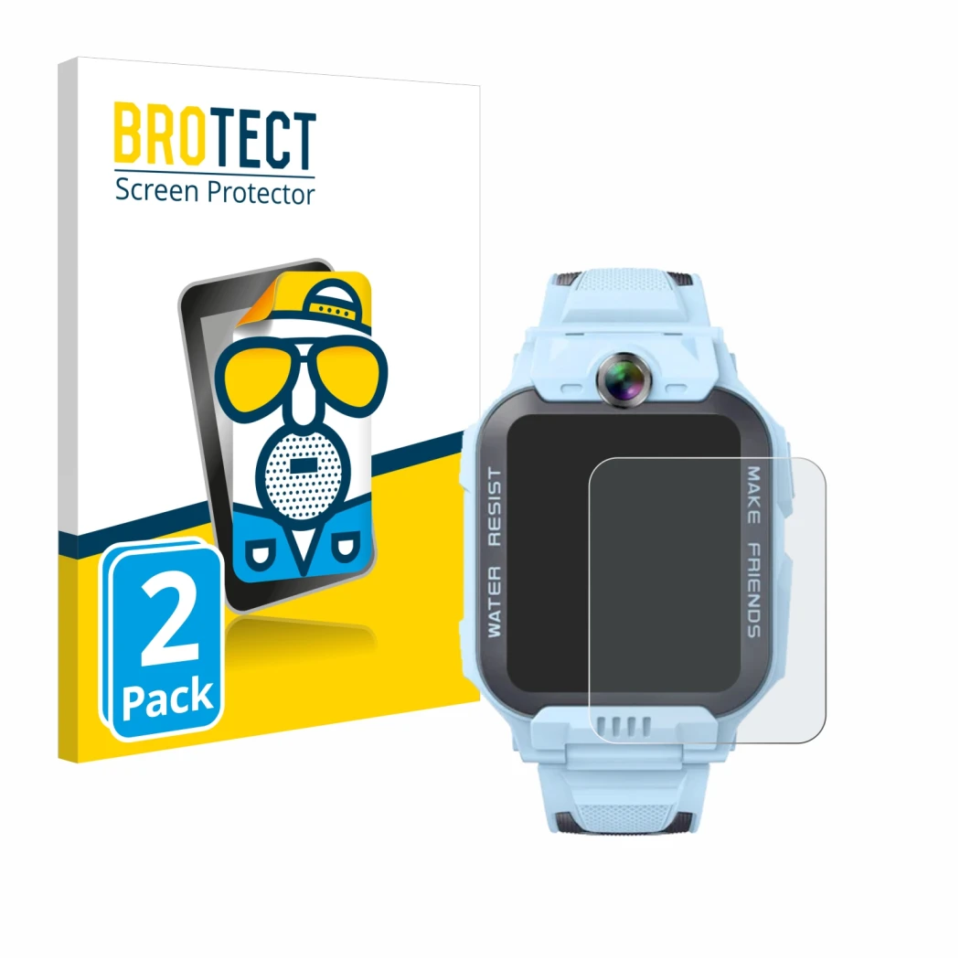 Front side of a product packaging with the brand logo BROTECT. Next to it is the device Imoo Watch Phone Z7 shown with the cor