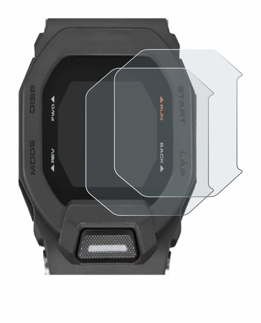 Image of the device Casio G-Shock GBD-200 with a wide variety of screen protectors.