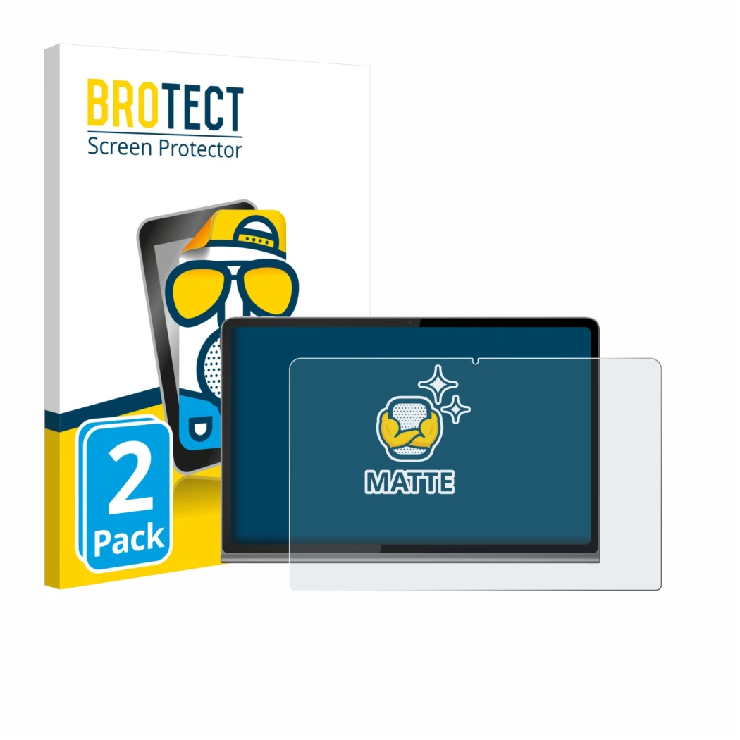 Front side of a product packaging with the brand logo BROTECT. Next to it is the device Lenovo Tab Plus shown with the corresp