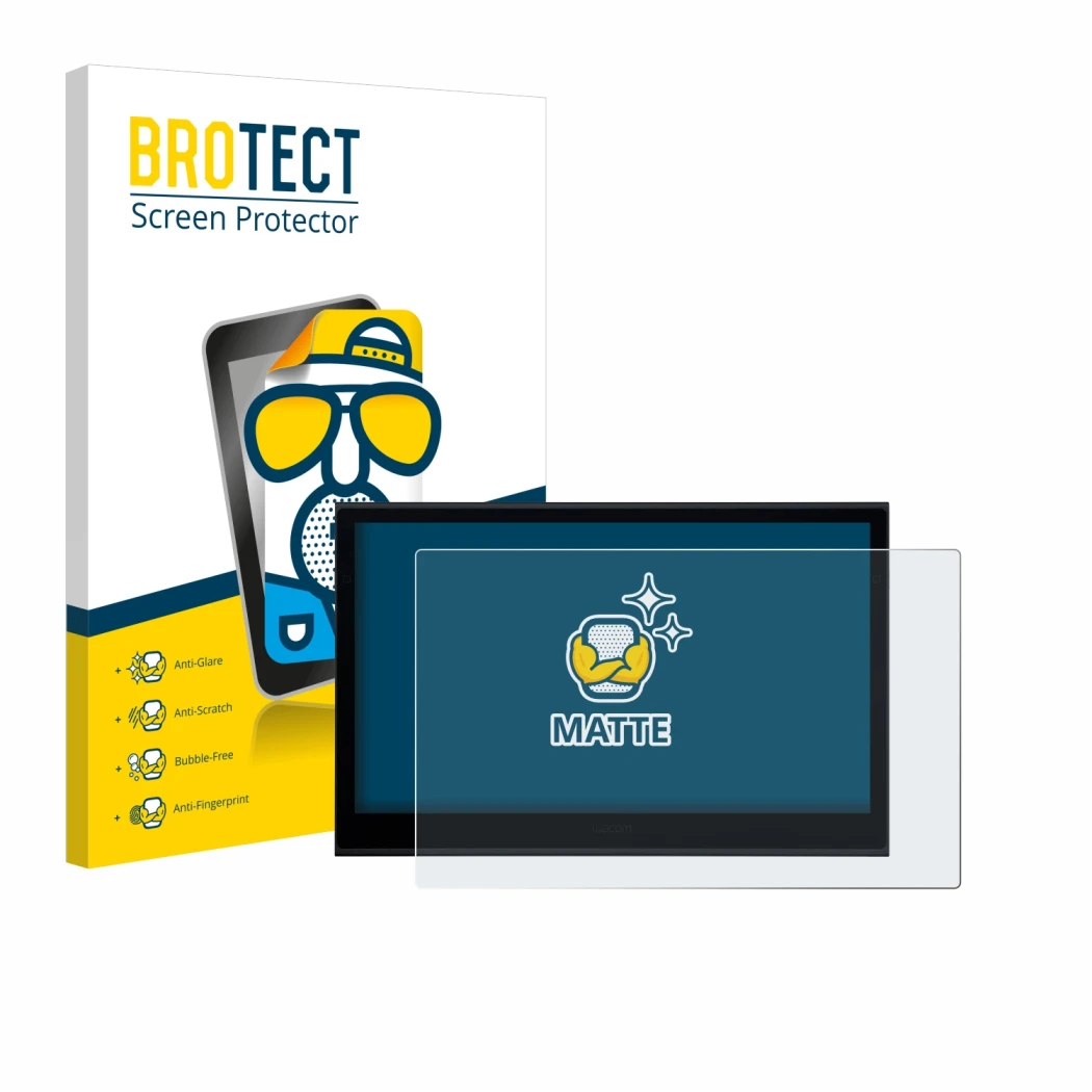 Front side of a product packaging with the brand logo BROTECT. Next to it is the device Wacom Movink 13 shown with the corresp