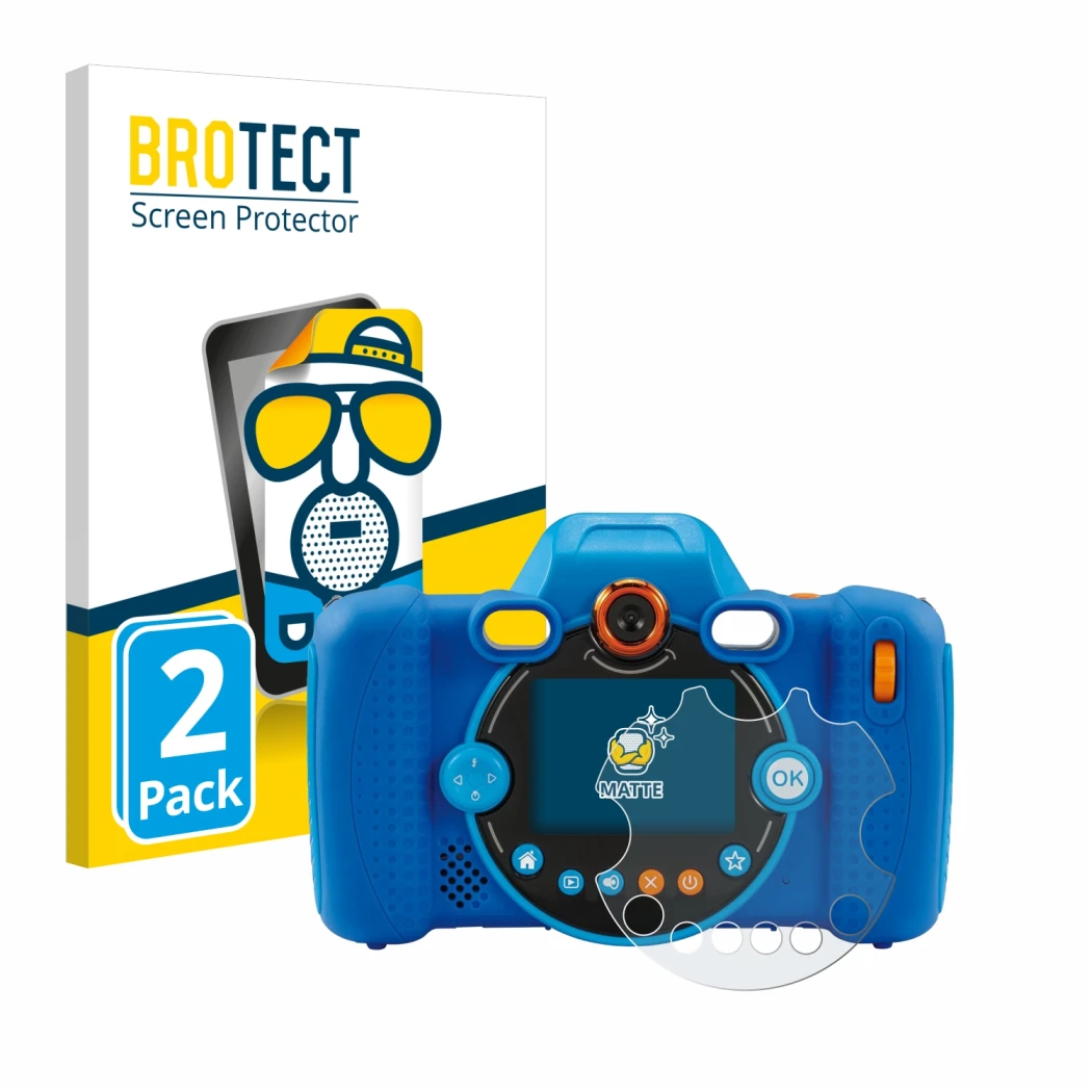Front side of a product packaging with the brand logo BROTECT. Next to it is the device Vtech Kidizoom Duo FX shown with the c