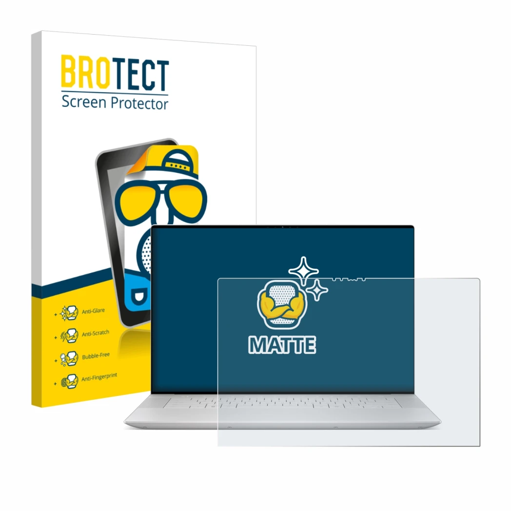 Front side of a product packaging with the brand logo BROTECT. Next to it is the device Dell XPS 16 9640 shown with the corres