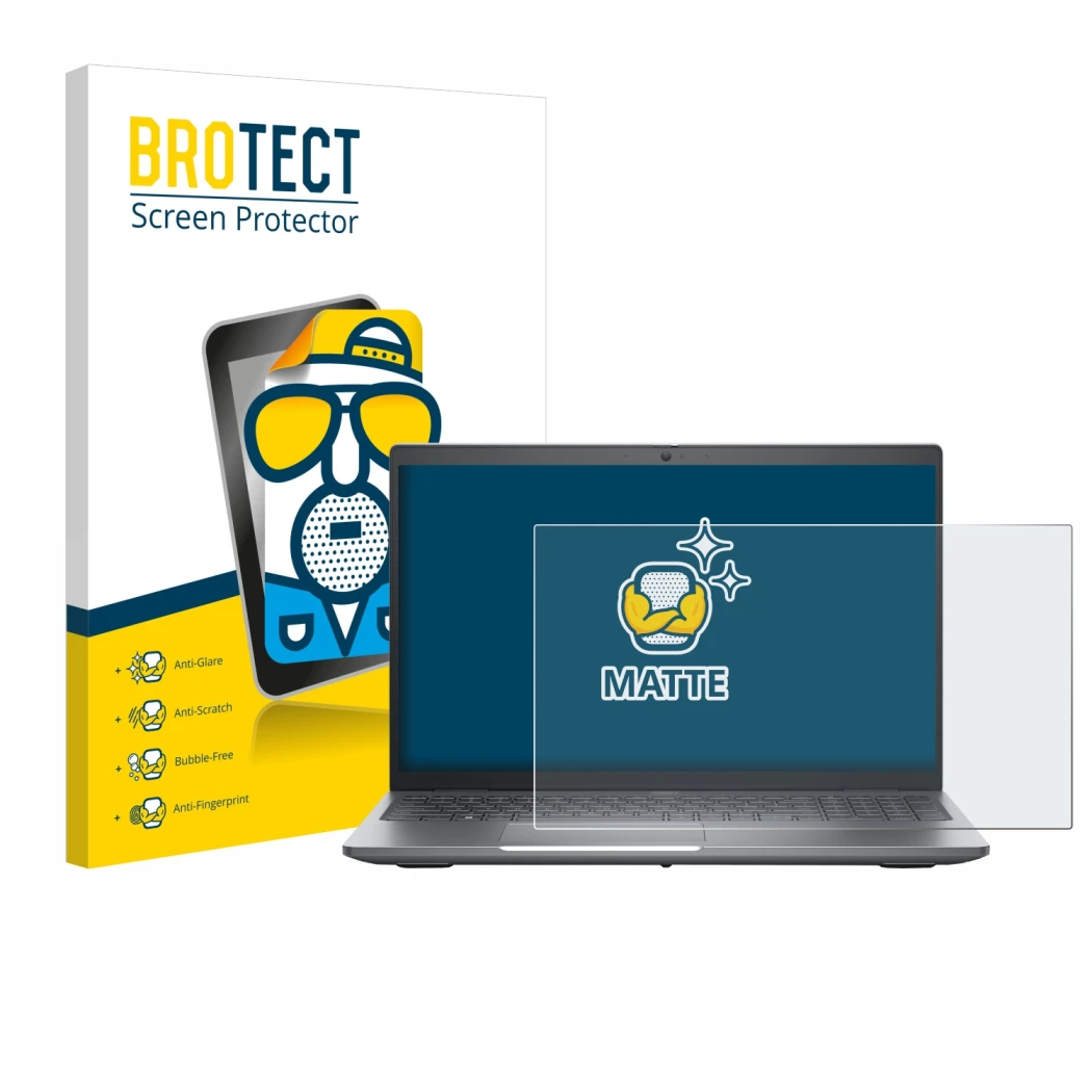 Front side of a product packaging with the brand logo BROTECT. Next to it is the device Dell Precision 3580 shown with the cor