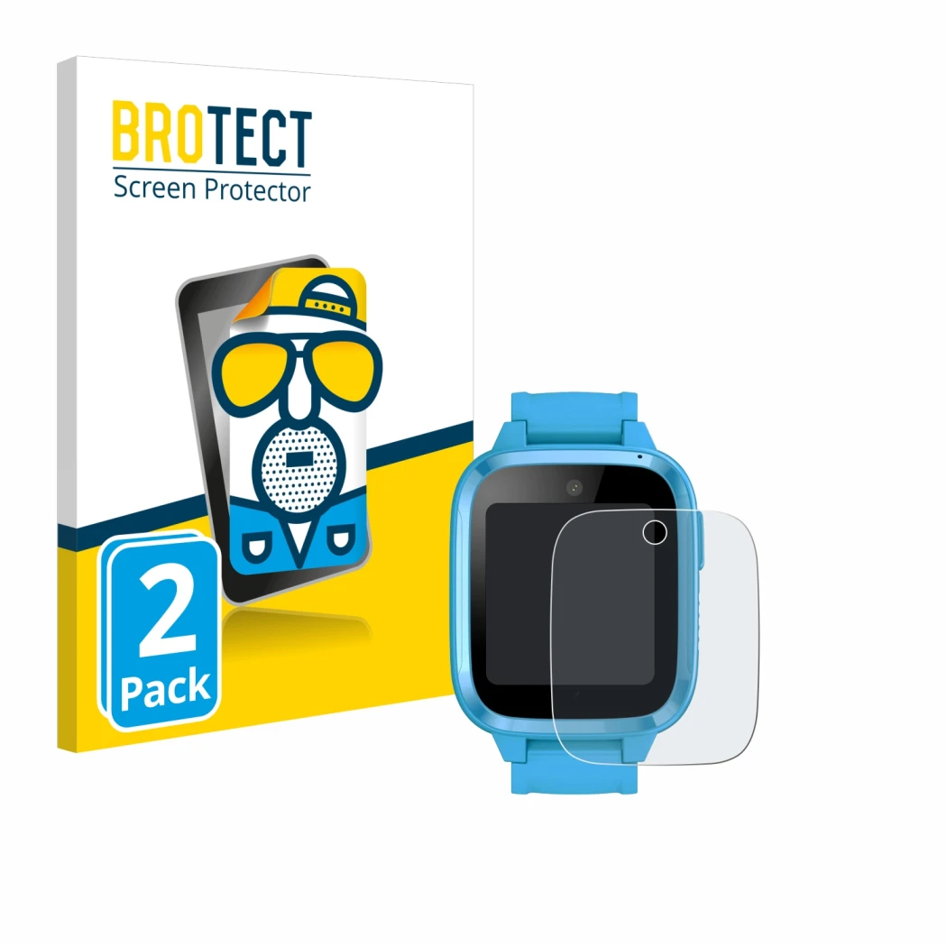 Front side of a product packaging with the brand logo BROTECT. Next to it is the device Xplora Kidzi Watch shown with the corr
