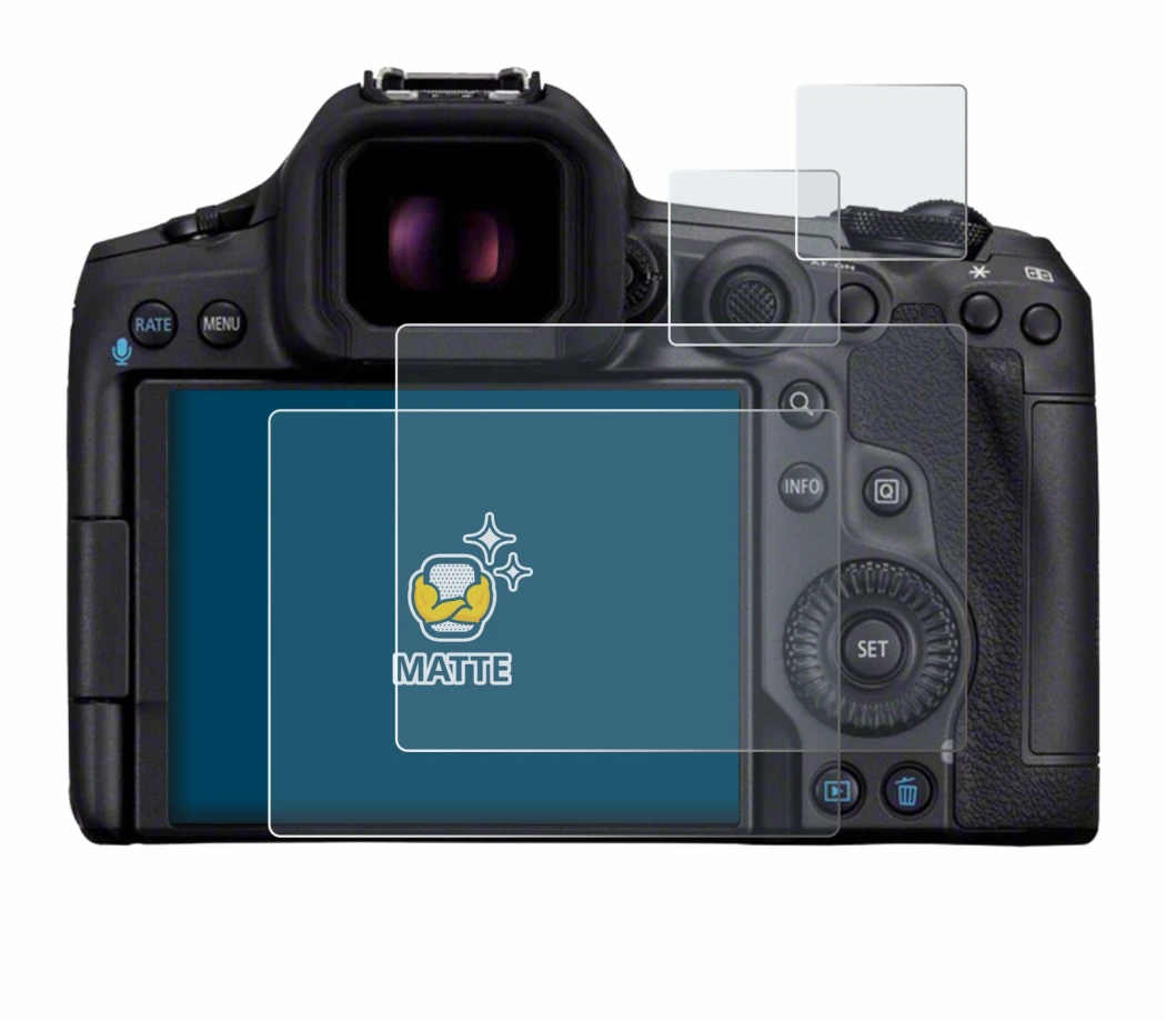 Image of the device Canon EOS R5 Mark II with a wide variety of screen protectors.