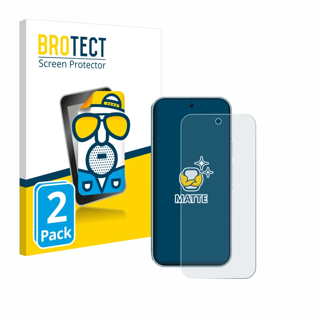 Front side of a product packaging with the brand logo BROTECT. Next to it is the device Google Pixel 9 Pro shown with the corr