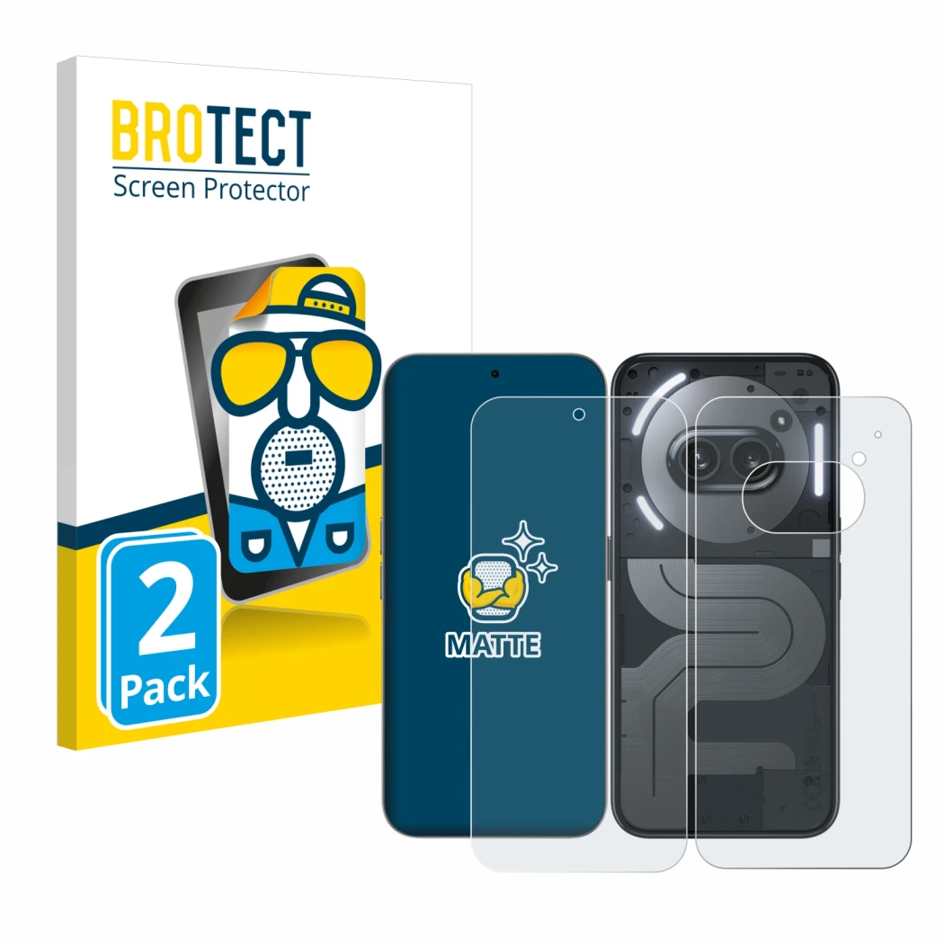 Front side of a product packaging with the brand logo BROTECT. Next to it is the device Nothing Phone (2a) Plus (Front+Back) s
