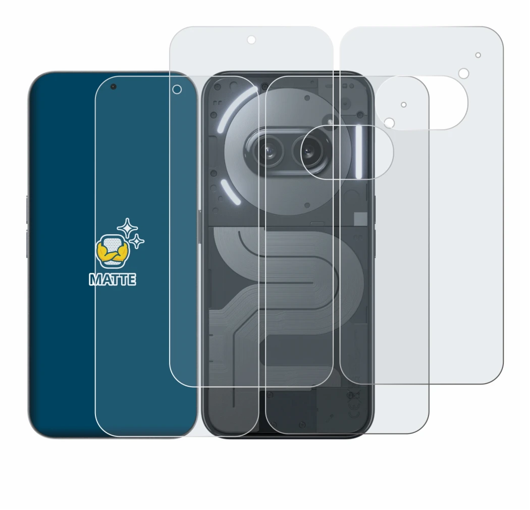 Image of the device Nothing Phone (2a) Plus (Front+Back) with a wide variety of screen protectors.