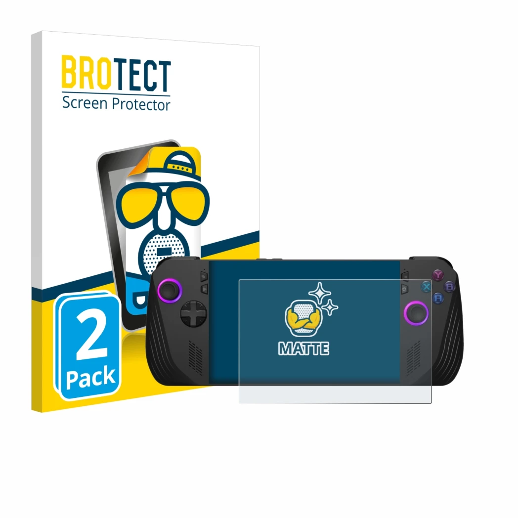 Front side of a product packaging with the brand logo BROTECT. Next to it is the device ASUS ROG Ally X (2024) shown with the 