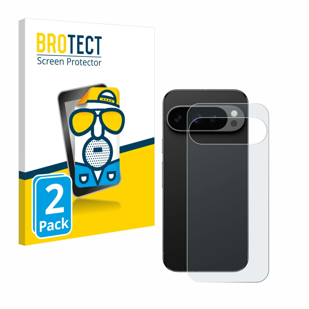 Front side of a product packaging with the brand logo BROTECT. Next to it is the device Google Pixel 9 Pro (Back) shown with t