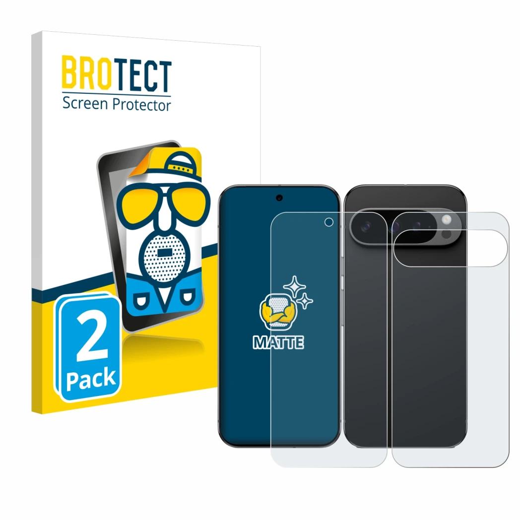 Front side of a product packaging with the brand logo BROTECT. Next to it is the device Google Pixel 9 Pro XL (Front+Back) sho