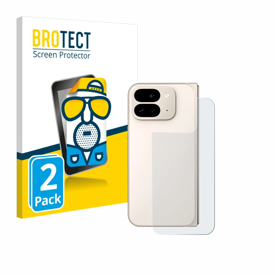 Front side of a product packaging with the brand logo BROTECT. Next to it is the device Google Pixel 9 Pro Fold (Back) shown w