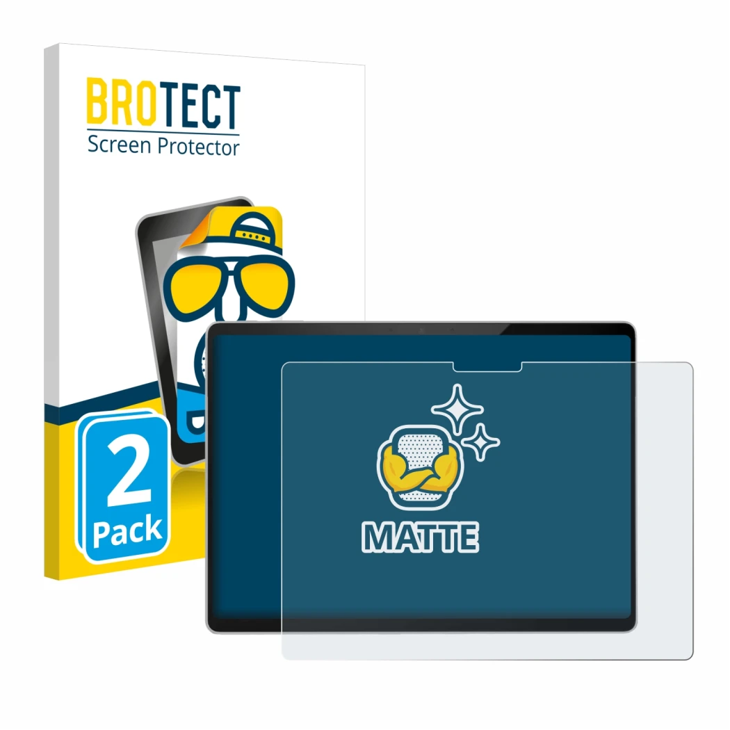 Front side of a product packaging with the brand logo BROTECT. Next to it is the device Microsoft Surface Pro 11 shown with th