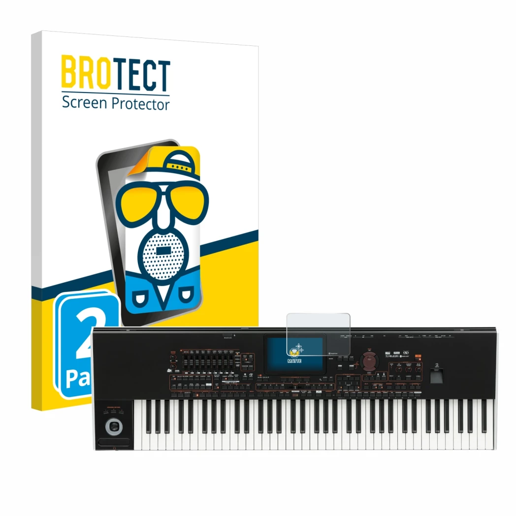 Front side of a product packaging with the brand logo BROTECT. Next to it is the device KORG Pa4x shown with the corresponding