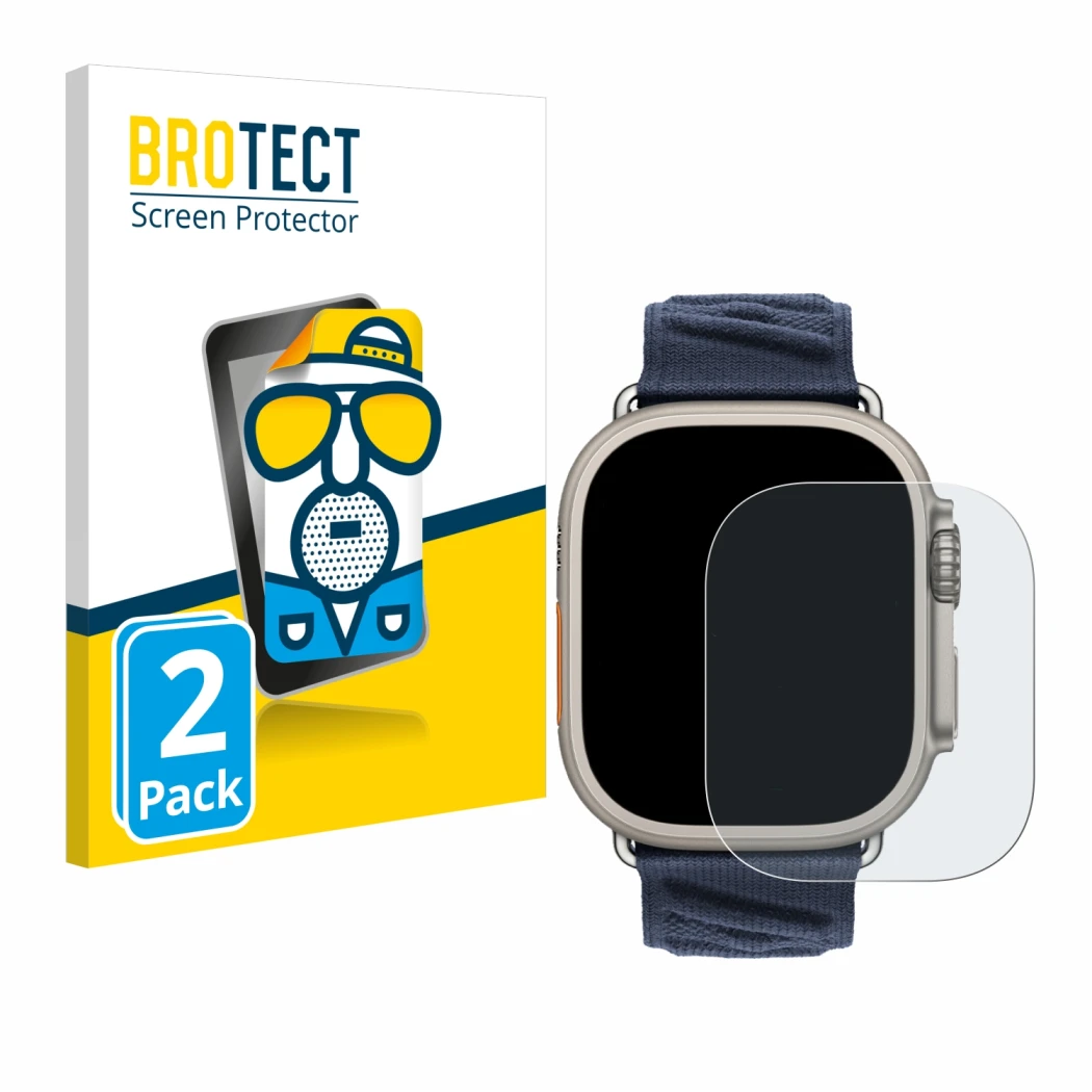 Front side of a product packaging with the brand logo BROTECT. Next to it is the device Apple Watch Hermès Ultra 2 shown with