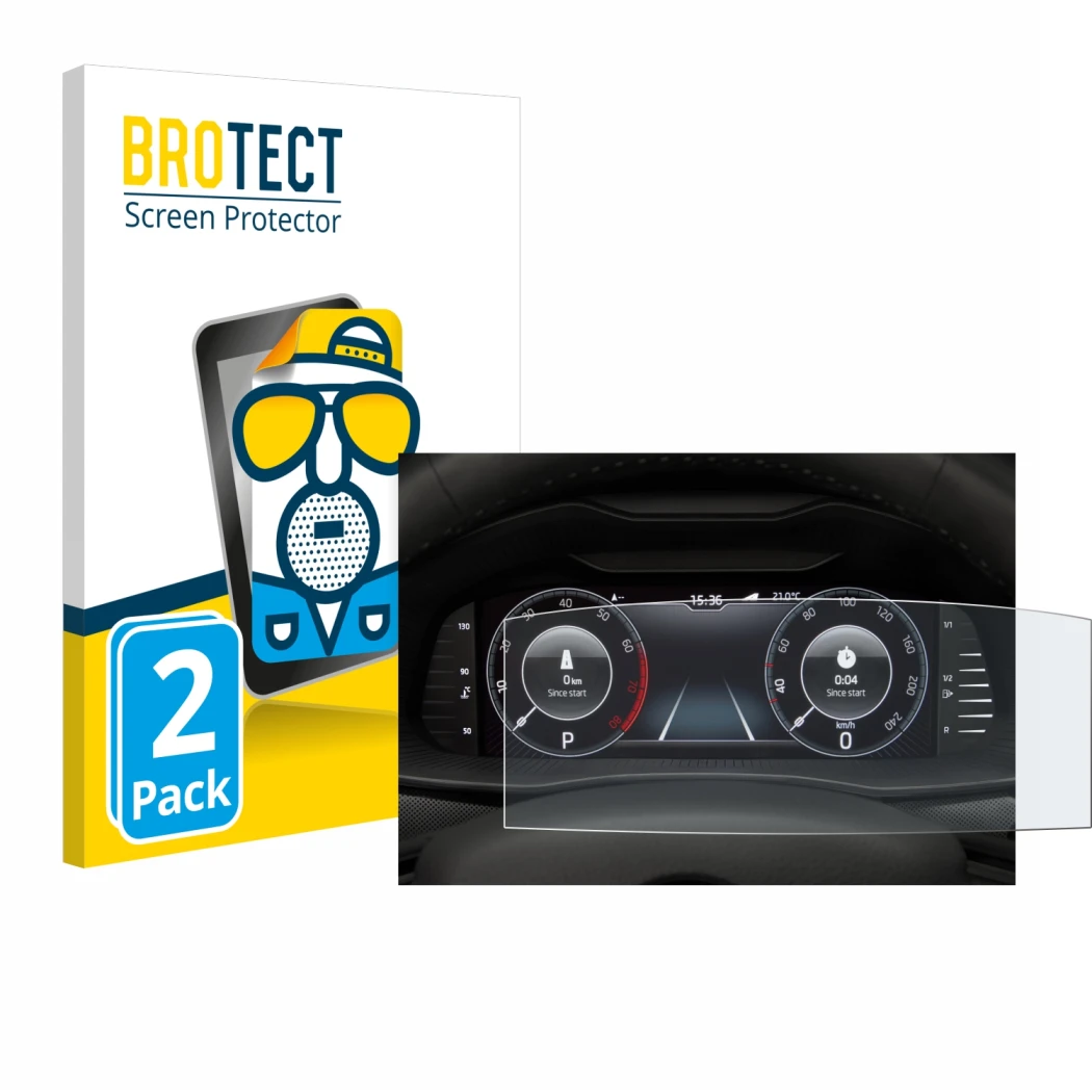 Front side of a product packaging with the brand logo BROTECT. Next to it is the device Skoda Virtual Cockpit 10.25