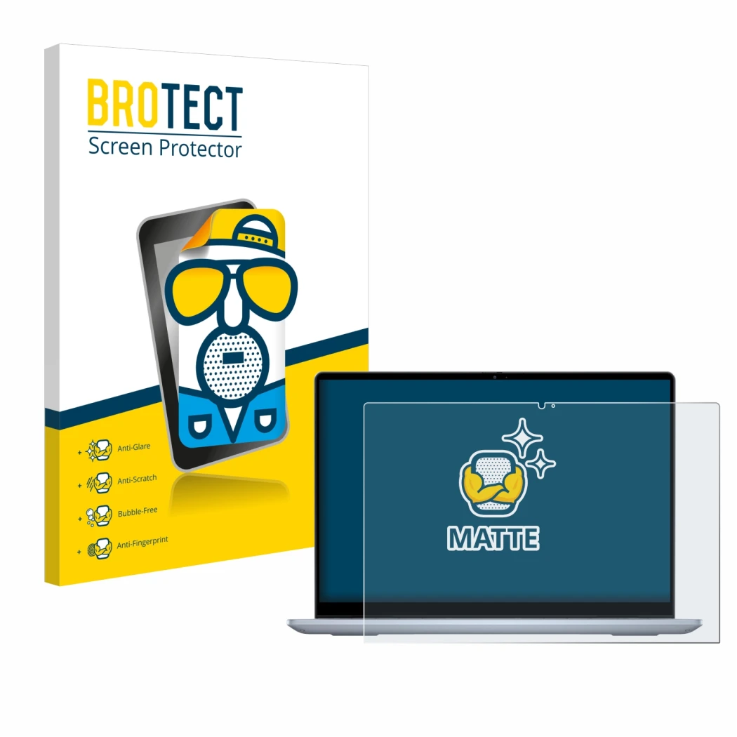 Front side of a product packaging with the brand logo BROTECT. Next to it is the device Dell Inspiron 14 7445 2-in-1 shown wit