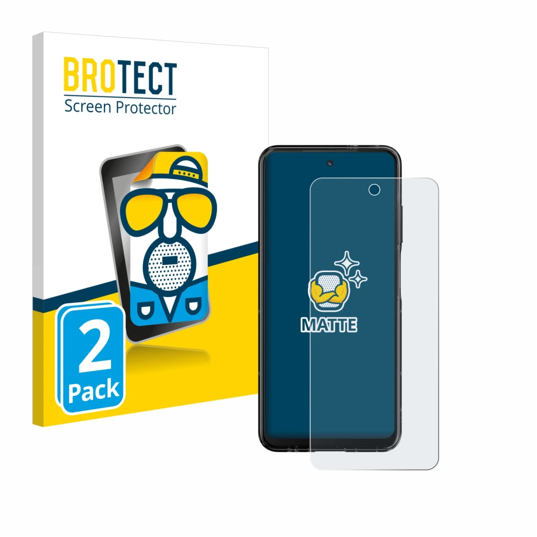 Front side of a product packaging with the brand logo BROTECT. Next to it is the device HMD Fusion shown with the correspondin